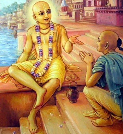 Lord Caitanya instructs Rupa Goswami at Varanasi. Caitanya Mahaprabhu, Chaitanya Mahaprabhu, Iskcon Vrindavan, Ram Krishna, Indian Comics, Arte Yoga, Sri Ram, Art Deco Artwork, Saints Of India