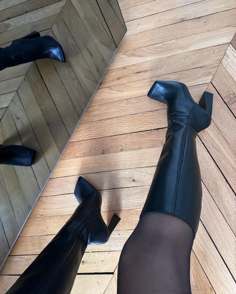 Amina Muaddi Boots, Boots Selfie, Square Toe Leather Boots, Black Knee Boots, Amina Muaddi, The Marine, Platform Heels Chunky, Black Knees, Ladies Shoes