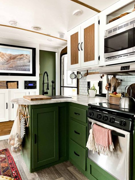 Install Tic Tac Tiles as a kitchen back-splash. Green Cabinets In Camper, Camper Makeover Green Cabinets, Sage Green Rv Cabinets, Painted Rv Interior, Rv Kitchen Cabinet Color Ideas, Painted Rv Cabinets, Camper Cabinet Color Ideas, Eclectic Rv Interior, Rv Kitchen Cabinets Painted