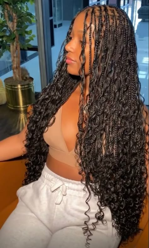 Prom Braid Hairstyles For Black Women, Small Knotless Box Braids Goddess, Black Knotless Goddess Braids, Wave Braids Hairstyles, Solange Box Braids, Tiny Long Braids, Goddess Braids Lots Of Curls, Stitch Braid Buns With Curls, Small Knotless Goddess Box Braids With Curls