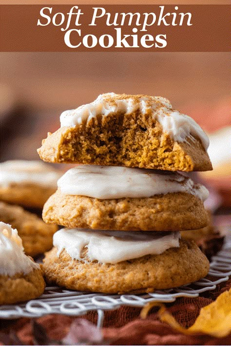 These cakey pumpkin cookies are the real deal. I started with the base of my popular pumpkin sugar cookies (which has 128 five-star reviews), and with just a few tweaks turned them into the perfect soft pumpkin cookie. Paired with my simple cream cheese frosting, these are a must-make Fall cookie! Pumpkin Soft Cookies, Pumpkin Cookies With Cream Cheese Icing, Pumpkin Spice Cookies Recipe, Simple Cream Cheese Frosting, Spice Cookies Recipe, Pumpkin Spice Cookie Recipe, Witchy Tea, Tea Party Treats, Pumpkin Cookies Easy