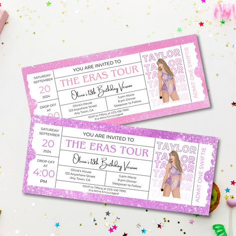 Celebrate in Style with our Taylor inspired Eras Tour Birthday Invitation! Transform your special day into an unforgettable event with out unique editable invitation designed to looks like a concert ticket. Perfect for Swifties of all ages, this invitation combines the excitement of a concert with the joy of a birthday celebration. #taylorswift #erastour #birthdayinvitation Taylor Swift Birthday Party Invitations, Concert Ticket Invitation, Birthday Party Hacks, Swiftie Party, Swift Party, 10 Birthday, Taylor Swift Party, Taylor Swift Birthday, Concert Ticket