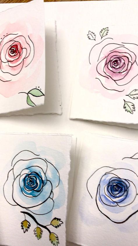 Pretty Card Designs, Watercolor Flower Cards Simple, Watercolor With Pen Outline, Watercolor Greeting Cards Diy, Handmade Watercolor Cards, Pen And Watercolor Flowers, Cards Drawing Ideas, Art Cards Ideas, Watercolour Cards Ideas