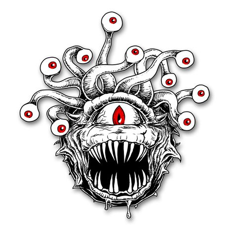 I like the large secondary eyes, the cats-eye pupil of the main eye, and the general shape of the eyestalks. I also love the red color for the eyes. This is my favorite beholder I've seen, despite being mostly black & white. Family Sleeve Tattoo, Battle Vest, Monster Tattoo, Zelda Tattoo, Monster Eyes, Dungeons And Dragons Art, Fantasy Tattoos, Chest Piece Tattoos, Creepy Tattoos