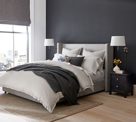 Tacoma 17.5" Nightstand | Pottery Barn Grey Upholstered Bed Decor, Light Grey Bed, Tall Platform Bed, Platform Bed King, Grey Upholstered Bed, Upholstered Storage Bed, Storage Platform Bed, Bed King, Storage Platform