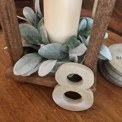 Rustic concrete wedding table numbers for a farmhouse, rustic, barn or country event - 4" concrete numbers Concrete Wedding Decor, Number Decorations, Farmhouse Wedding Table, Table Number Decorations, Wood Candle Lantern, Concrete Wedding, Modern Farmhouse Interior Design, Table Numbers Wedding Rustic, Gold Table Numbers