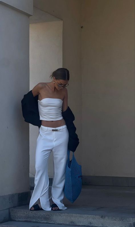 Low Waisted Pants Outfit, Prada Beach Bag, Hannah Schonberg, Satin Outfit, Low Waisted Pants, Dress Like A Parisian, Tube Top Outfits, White Tube Tops, Style Inspiration Spring Summer