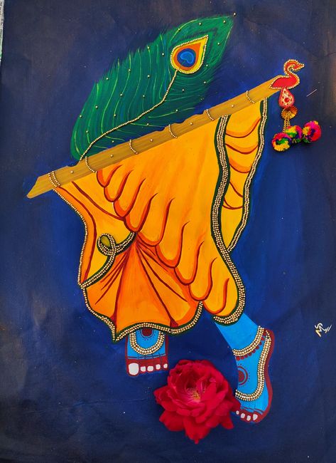 Painting of krishna ji leg and peacock feather with golden pearl embroidery #canvespainting #krishnaji Peacock Feather Canvas Painting, Krishnaji Painting, Krishna Foot Painting, Krishna Glass Painting Designs, Wall Painting Of Krishna, Krishna Legs Images, Krishna Fabric Painting On Kurti, Painting Ideas On Canvas Krishna, Krishna Legs Painting