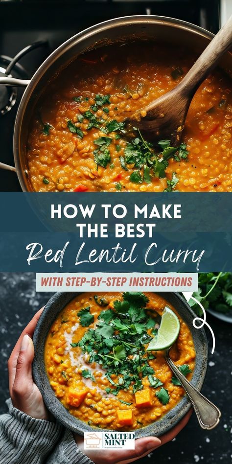 Whip up a quick and nutritious meal with this easy red lentil curry. Perfect for plant-based dinners, it blends red lentils with creamy coconut milk for a simple yet satisfying dish. Ideal for any night, this recipe is a great addition to your healthy dinner ideas, offering a wholesome twist on traditional dhal. Enjoy a comforting, effortless vegetarian lentil recipe that's both healthy and delicious. Easy Dahl Recipe, Red Lentil Recipes Easy, Indian Lentil Curry, Lentil Recipes Indian, Indian Lentil Soup, Red Lentil Dahl, Lentil Dhal, Vegan Lentil Recipes, Dhal Curry