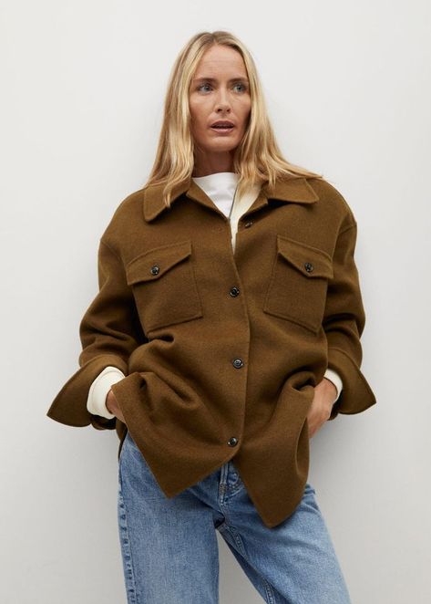 Mango Oversize Wool Jacket Overshirt Women, Wool Jackets Women, Garment Labels, Brown Coat, Mixing Fabrics, Popsugar, Media Design, Wool Jacket, Wool Coat