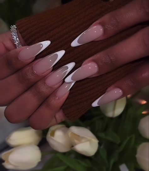 Deep Almond French Tips, Stiletto Vs Almond Nails, Long White Tip Acrylic Nails, Narrow Almond Nails, Stiletto Nails Classy, Short Sharp Nails, Stiletto Nails Winter, Stiletto French Tips, Long Almond French Tip Nails