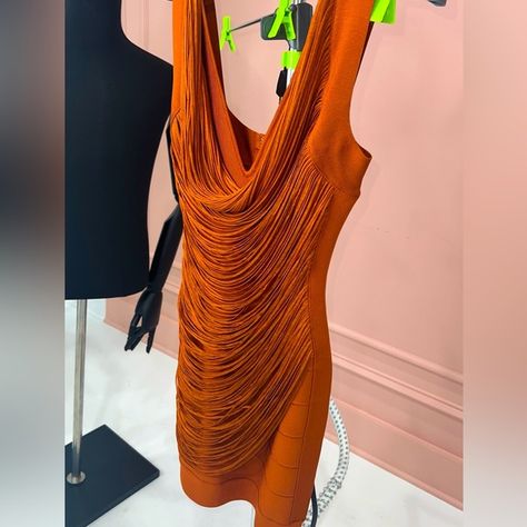 Herve Leger Draped Fringe Body-Con Mini Dress Herve Leger, Orange Dress, Like New, Dress Es, Dresses Skirts, Mini Dress, Orange, Jewelry Watches, Plus Fashion