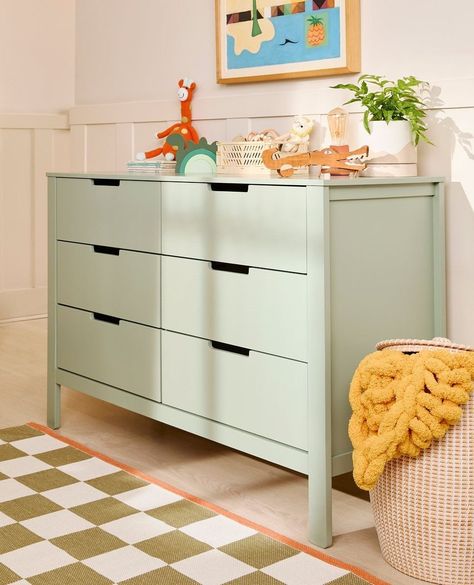 Swipe for some new beauties that were just added to the shop...⁠ ⁠ 1. Abigail Crib in Vintage Gold⁠ 2. Birdie Crib in Walnut⁠ 3. Colby 6 Drawer Dresser in Light Sage⁠ 4. Tally Bookshelf Kid Dresser, Dresser Green, Boy Dresser, Green Dresser, Affordable Bedroom, Baby Dresser, Ikea Dresser, Grey Dresser, Nursery Dresser