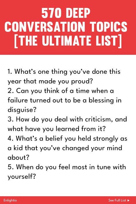 Explore the ultimate list of 570 deep conversation topics to spark meaningful discussions with your friends, family, or partner. From thought-provoking questions to engaging prompts, dive into topics that will strengthen your relationships and deepen your connections. Whether you're looking for icebreakers or want to delve into deeper conversations, this extensive list has you covered. Start exploring today and take your conversations to a whole new level! Deeper Conversation Starters, Best Topics For Conversation, Everyday Conversation Topics, Fun Conversation Topics For Friends, Deep Conversations Topics, Topics To Talk About With Friends Conversation Starters, Deep Conversation Starters, Deep Conversation Topics, Topics To Talk About