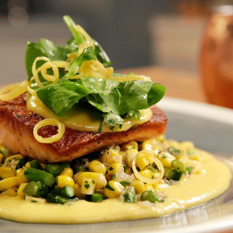 Seared Salmon with a Corn and Asparagus Succotash, Creamy Corn Sauce, Lemon Confit and Pea Tendrils Salmon Dishes Fine Dining, Fish Plating, Lemon Confit, Corn Sauce, Pea Tendrils, Molecular Food, Fish Board, Sweet Corn Soup, Spring Menu