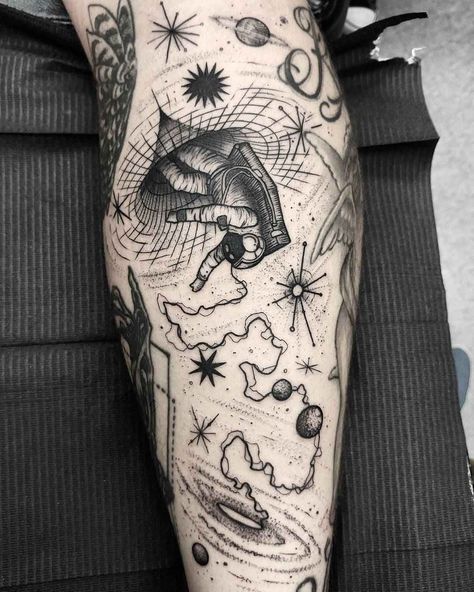 The alternative reality in tattoo by Thomas Eckerd | iNKPPL Reality Tattoo, Space Tattoo Sleeve, Alternative Reality, Mangas Tattoo, Astronaut Tattoo, Unusual Tattoo, Surreal Tattoo, Universe Tattoo, Planet Tattoos