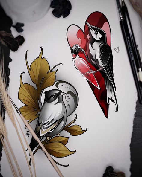 Small Neo Traditional Tattoo, Neo Traditional Bird, Traditional Tattoo Elements, Neo Traditional Art, Watercolor Tattoo Ideas, Cute Matching Tattoos, Neo Tattoo, Traditional Tattoo Design, Japan Tattoo