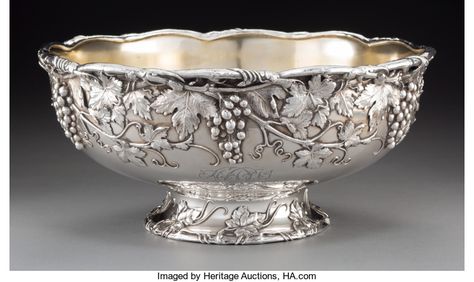 Silver Holloware, American:Punch Bowls, A Large Whiting Partial Gilt Silver Punch Bowl with Grape VineMotif, circa 1895. Marks: STERLING, 2958, 20 PINT... Silver Punch Bowl, Silver Objects, Silver Articles, Silver Furniture, Leaf Decoration, Antique Sculpture, Silver Pooja Items, Antique Silver Jewelry, Silver Items