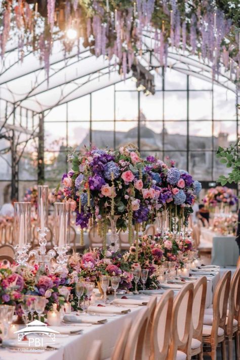 Event Architecture, Greenhouse Venue, Event Venue Design, Event Space Design, Floral Wedding Reception, Glass House Wedding, Mauve Wedding, Cascading Flowers, Extravagant Wedding