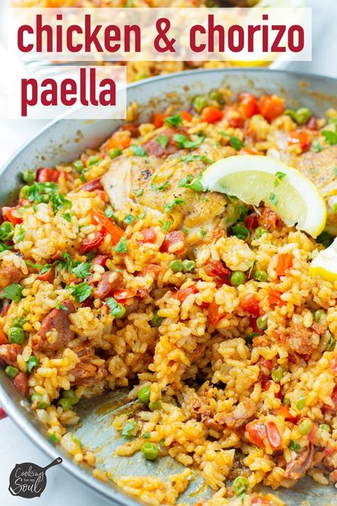 Chicken and Chorizo Paella! This easy chicken and chorizo paella is ultra delicious and true comfort food. Made with a traditional Spanish paella pan #paella #chorizopaella #chickenpaella #spanishpaella #paellarecipe #cookingformysoul | cookingformysoul.com Evening Meal Ideas, Chicken And Chorizo Paella, Paella Recipes, Chorizo Paella, Easy Paella, Chicken Paella, Chicken And Chorizo, Spanish Foods, Spanish Paella