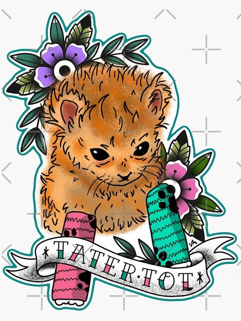 "Tater Tot Tattoo" Sticker for Sale by KittyCrusAIDe | Redbubble Tater Tot Tattoo, Tater Tot Kitten, Battle Cats, Tattoo Sticker, Creative Tattoos, Tattoo Flash, Tattoo Stickers, Cat Tattoo, Crazy Cat