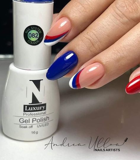 White Red And Blue Nails, Red Blue Nail Designs, Blue White And Red Nails, Royal Blue And Red Nails, Red And Blue Almond Nails, Red Blue And White Nails, Red And Blue Nail Designs, Red Blue White Nails, Red White And Royal Blue Nails