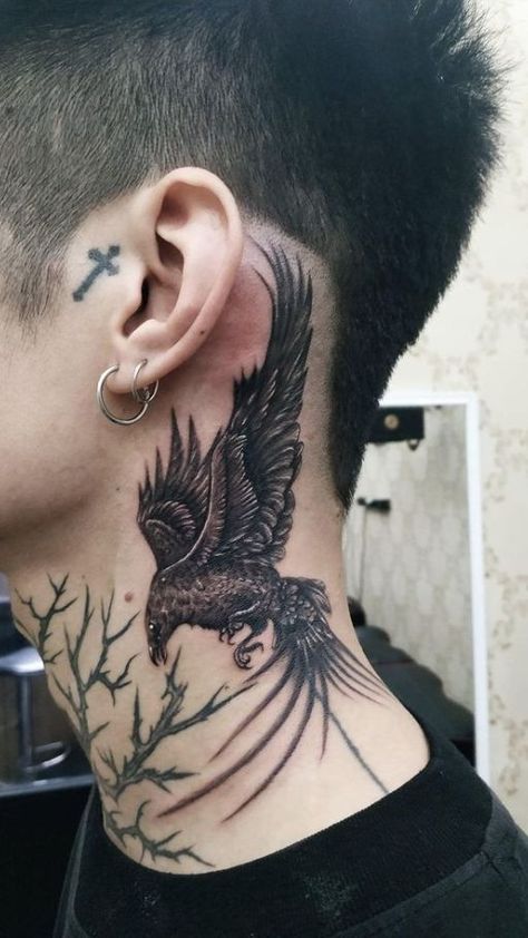 Crow Neck Tattoo Design, Men’s Throat Tattoo Ideas, Raven Throat Tattoo, Raven Tattoo Neck, Crow Tattoo Neck, Animal Neck Tattoo, Half Neck Tattoo, Raven Neck Tattoo, Bird Neck Tattoo