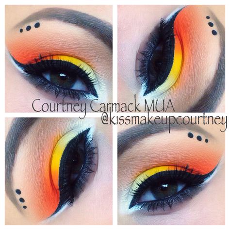 Halloween Candy Corn Eye Makeup Candy Corn Makeup, Edm Makeup, Make Up Diy, Diva Makeup, Cute Eyeshadow Looks, Face Style, Witch Makeup, Halloween Eye Makeup, Rave Makeup