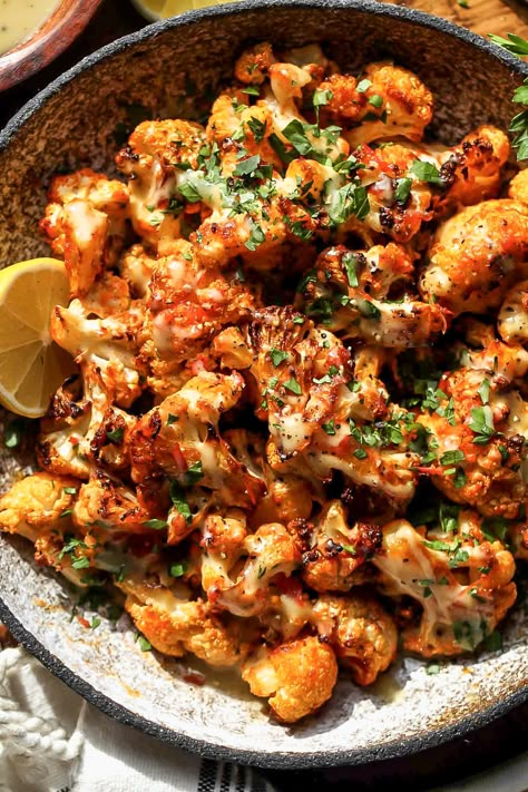 Vegan Moroccan Recipes, Persian Cauliflower, Moroccan Side Dishes, Moroccan Cauliflower, Cauliflower Tahini, Mediterranean Cauliflower, Dishing Out Health, Moroccan Food, Honey Recipes