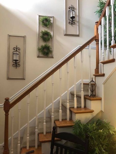 How To Decorate Staircase Wall, Biophilic Aesthetic, Above Stairs Decor, Stair Wall Ideas, Stairs Wall Decor Ideas, Stairs Wall Design, Stairs Wall Decor, Stair Landing Decor, Decorating Stairway Walls