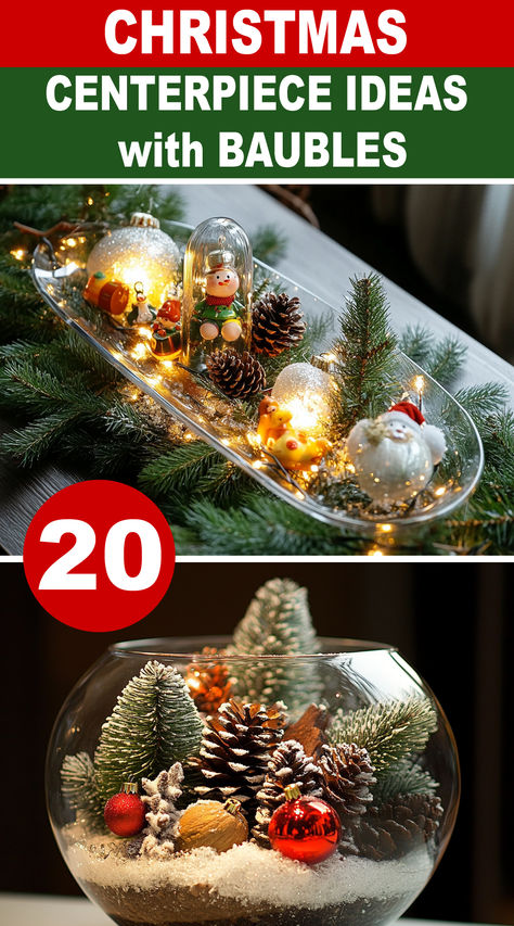 Christmas Centrepiece Ideas with Baubles Globe Centerpiece Ideas, Christmas Centerpieces For Table Elegant, Christmas Centrepiece Ideas, Christmas Centerpiece Ideas, Christmas Centrepiece, Centrepiece Ideas, Mannequin Christmas Tree, Glass Fish Bowl, Christmas Table Centerpieces