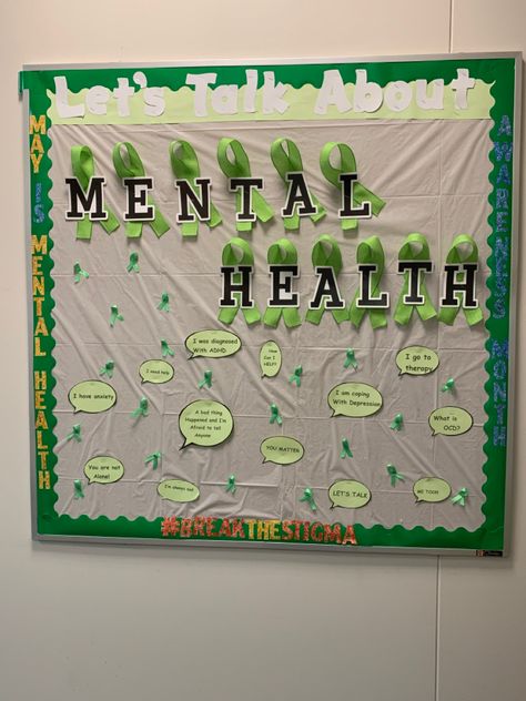 Mental Awareness Month Board, Mental Health Month Elementary School, Recovery Month Bulletin Boards, Mental Awarness Poster Ideas, Bulletin Board Ideas Mental Health, Mental Health Month Bulletin Board Ideas, Mental Health Fair Booth Ideas, Mental Health Event Ideas, May Mental Awareness Month