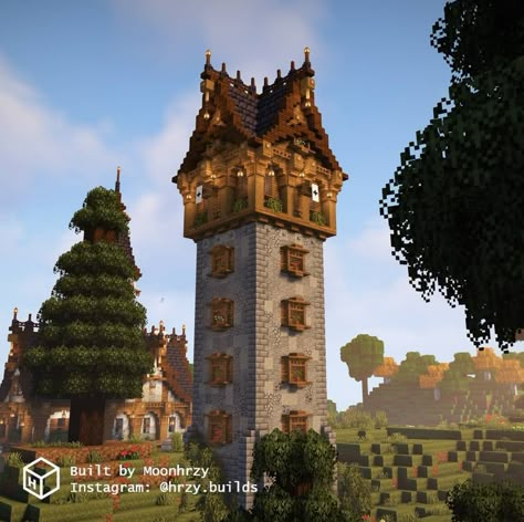 Minecraft Building Tower, Minecraft Spruce Building Ideas, Mc Tower Design, Minecraft Tower Designs Medieval, House With Tower Minecraft, Minecraft Houses Tower, Tower Ideas Minecraft, Tower Design Minecraft, Minecraft Watchtower Simple