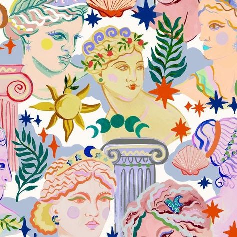 Hand Paint Wall Pattern, Greek Goddess Illustration, Calculator Wallpaper, Architecture Pattern Design, Greek Prints, Greek Mythology Design, Goddess Wallpaper, Greek Print, Eleanor Bowmer