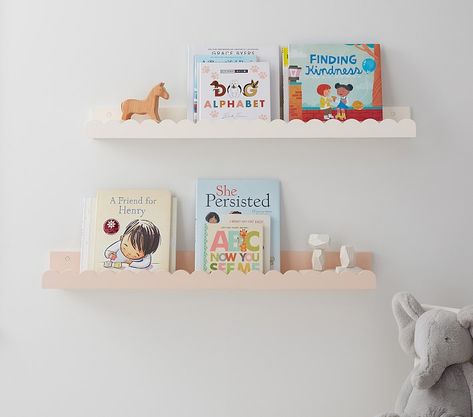 Scalloped Book Ledge | Pottery Barn Kids Nursery Hanging Book Shelves, Scalloped Wall Shelf, Scalloped Shelves Nursery, Scalloped Bookshelf, Book Shelves Nursery, Olive Nursery, Nursery Wall Shelves, Nursery Book Shelf, Nursery Book Shelves