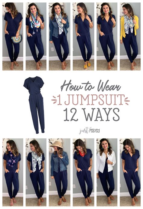 How to wear and style 1 jumpsuit 12 different ways! This jumpsuit is a favorite of mine and it is so easy to dress up or down. I purchased the black last summer and loved it so much that I wanted to get the navy for this year! So comfortable and the perfect item for a capsule wardrobe. How To Wear A Jumpsuit, Black Jumpsuit Outfit, Jumpsuit Outfit Casual, Vinyl Pants, Wardrobe Fashion, Navy Jumpsuit, Mode Tips, Jumpsuit Outfit, Fashion Capsule