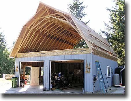 After new joists are down, rebuild gambrel ceiling with pre-fab trusses. Love the pointy!! Gambrel Barn, Plan Garage, Gambrel Roof, Barn Garage, Barns Sheds, Roof Trusses, Barn Plans, Barn Design, Casa Container