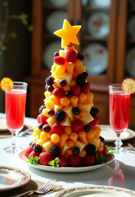 Elevate your holiday gatherings with this stunning festive fruit centerpiece shaped like a Christmas tree! Bursting with fresh strawberries, juicy grapes, and sweet star-shaped cantaloupe, this vibrant arrangement is sure to impress your guests. Perfect for a Christmas feast, paired with refreshing fruit punch and set in a warm, inviting atmosphere. Share joy and health in every slice! Fruit Christmas Tree Appetizer, Fruit Arrangements For Christmas, Pineapple Christmas Tree Fruit Tray, Christmas Fruit Display, Fruit Platter Christmas, Fruits For New Year, Fruit Tray Christmas, Fruit Display Ideas For Party, Christmas Fruit Ideas