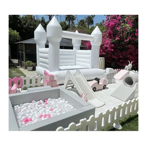 Make your wedding or party a colourful and fun-filled event with our 13x13ft Commercial Inflatable Pastel Bouncy Castle. Perfect for all ages and occasions, the castle is made from durable PVC Tarpaulin and comes with a 3-year warranty. Choose from white or pink or customise the colour to match your theme. It's easy to set up and includes a repair kit and air blower. #BouncyCastle #InflatableTent #PartyFun #WeddingCelebration #ColourfulCastle #PortableTent 😃🎉🏰 Pink Bouncy Castle, White Playground, Kids Bouncy Castle, White Bounce House, Bouncy Castles, Soft Play Equipment, Portable Tent, Ball Pool, House White