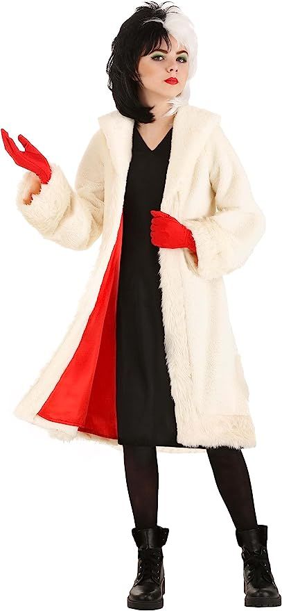 Tween Disney Cruella De Vil Costume Cruella Deville Costume, 101 Dalmatians Cruella, Disney Cruella, Cruella Costume, White Faux Fur Coat, Chic Black Dress, Costume For Girls, Faux Coat, Cruella Deville