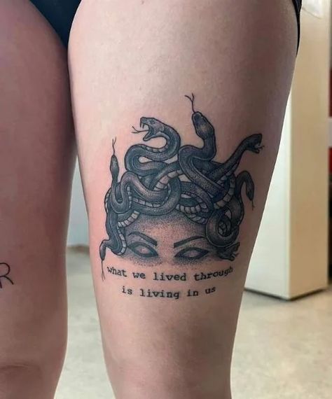 Medusa Tattoo Meaning With 55+ Images That'll Inspire You To Be Strong Medusa Theme Tattoo, Medusa Tattoo With Words, Medusa Inner Arm Tattoo, Medusa Tattoo Above Knee, Maleficent Silhouette Tattoo, Medusa Tattoo On Shoulder, Medusa Tattoo Scary, Medusa Calf Tattoos For Women, Medusa Dragon Tattoo