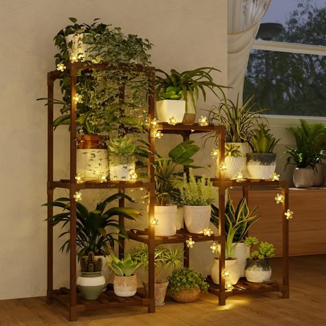 Bamworld Plant Stand Indoor with Flower Fairy Lights Battery Plant Shelf Wood Plant Rack for Multiple Plants 3 Tiers Ladder Plant Holder for 7 Pots for Living Room Home Decor for Gardening Gifts Shelf Ladder Decor Bedroom, Plant Stand Boho, Bamboo Apartment Decor, Living Room Plant Stand, Plant Shelf Ideas Living Room, Skylight Plants, Bohemian Balcony Ideas, Indoor Plant Setup, Fairy Living Room