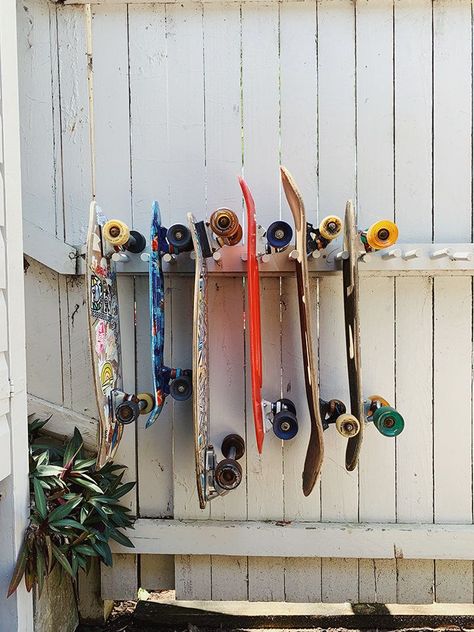 Skateboard Racks Diy, Hannah House, Skateboard Storage, Organizers Diy, Improve Creativity, Ikea Kallax Shelving, Surfboard Storage, Skateboard Rack, Courtney Adamo