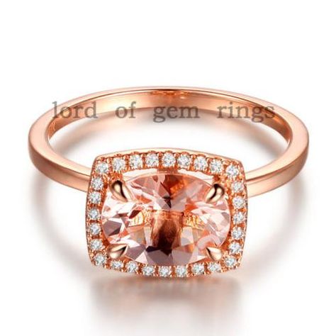 Oval Morganite Engagement Ring Pave Diamonds Cushion Halo14K Rose Gold 6x8mm - Lord of Gem Rings - 1 Morganite Engagement Ring Oval, Oval Morganite Ring, Unusual Engagement Rings, Cushion Halo Engagement Ring, Micro Pave Ring, Cushion Halo, Engagement Rings Vintage Halo, Morganite Diamond, Pave Engagement Ring