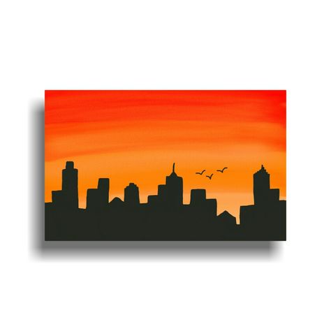 Aesthetic Sky Drawing Easy, Sunset Painting Ideas Easy Simple, Sunset Small Canvas, Scenery Landscape Drawing, Buildings Painting Easy, Watercolor Drawing Landscape Easy, Sunset Building Painting, Sunset Scenery Painting Easy, Building Landscape Drawing