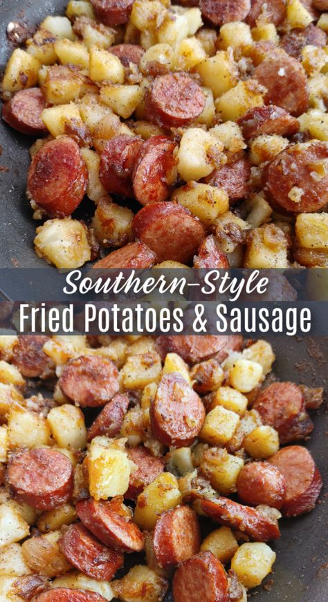 Southern Fried Potatoes & Sausage! A simple budget-friendly recipe for a one-pan skillet meal with smoked sausage, onions and southern-style fried potatoes. Fried Potatoes And Sausage, Southern Fried Potatoes, Smoked Sausage And Potato Recipe, Potatoes And Sausage, Sausage Recipes For Dinner, Smoked Sausage Recipes, Sausage Dinner, Kielbasa Recipes, Sausage Dishes