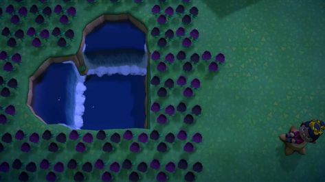 With black and purple roses Anch Ponds, Acnh Heart Waterfall, Heart Pond Animal Crossing, Acnh Heart Pond, Acnh Pond Idea, Acnh Pond Shape, Acnh List, Acnh Candyland, Black And Purple Roses