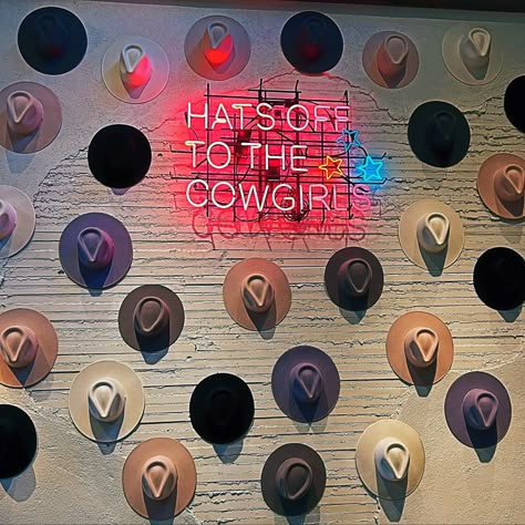 Cowgirl Hat Wall, Cosmic Cowgirl Aesthetic, Emo Cowgirl Aesthetic, Neon Cowgirl Aesthetic, Cowgirl Branding, Cowgirl Hat Aesthetic, Disco Cowgirl Aesthetic, Neon Western, Girly Cowgirl