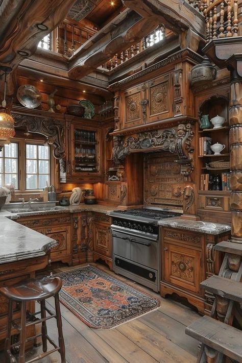 Mountain Cabins Celtic Castle Interior, Castle Kitchen, Castle Aesthetic Kitchen, Medieval Style Kitchen, Medieval Kitchen Aesthetic, Mountain Cabin Kitchen, Castle Kitchens Medieval, Old English Kitchen, Log Cabin Mansions