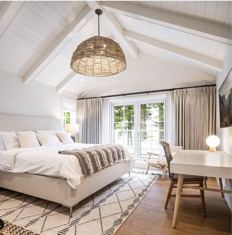 25 Functional Yet Stylish ​​Vaulted Ceiling Lighting Ideas Vaulted Ceiling Bedroom, Vaulted Ceiling Ideas, Vaulted Ceiling Lighting, Bedroom Addition, White Beams, Glass French Doors, Bedroom Farmhouse, Bedroom Ceiling, Custom Window Treatments